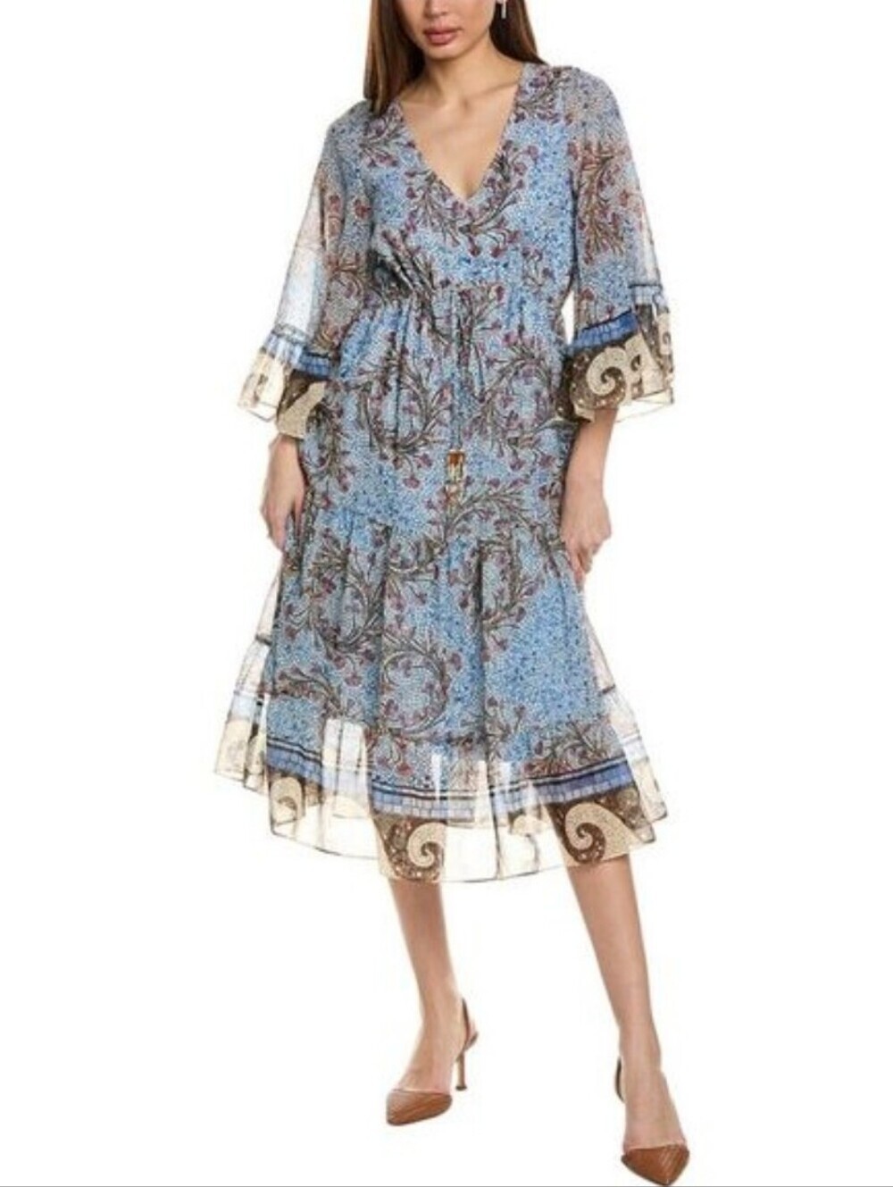 NWT Kobi halperin Logan Mosaic-Print V-Neck Ruffle-Cuff Midi Dress in Blue XS